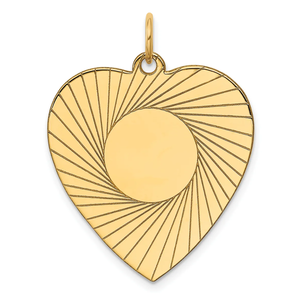 Gold heart-shaped pendant with radiating line pattern and circular cutout in center, suspended from a small loop bail.