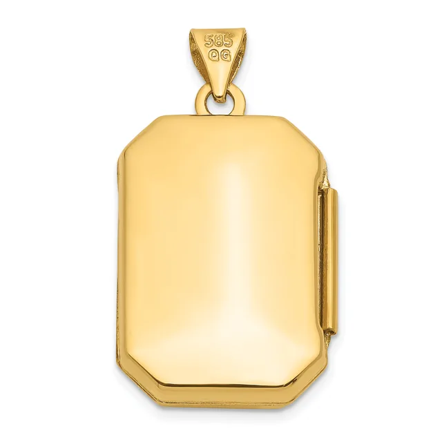 A polished gold rectangular locket pendant with rounded corners and a small hinged clasp on one side, suspended from a gold bail with a small stamped hallmark.