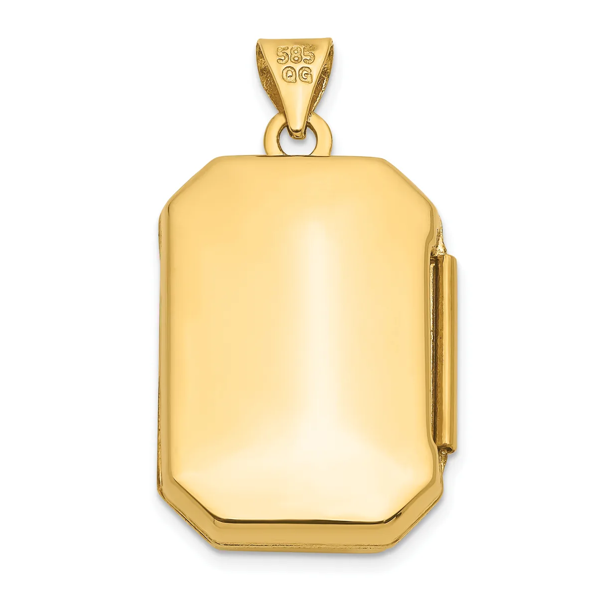 A polished gold rectangular locket pendant with rounded corners and a small hinged clasp on one side, suspended from a gold bail with a small stamped hallmark.