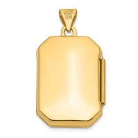 A polished gold rectangular locket pendant with rounded corners and a small hinged clasp on one side, suspended from a gold bail with a small stamped hallmark.