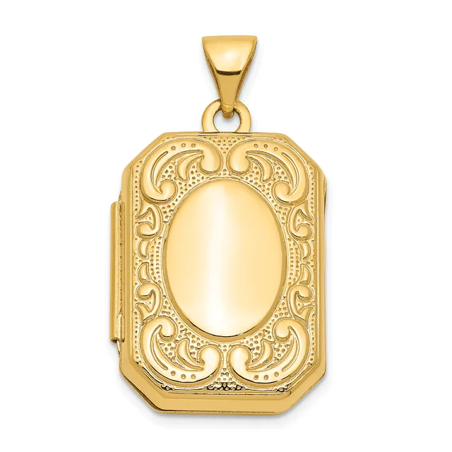Gold-toned rectangular locket pendant with ornate scrollwork border surrounding a polished oval center, suspended from a bail loop.