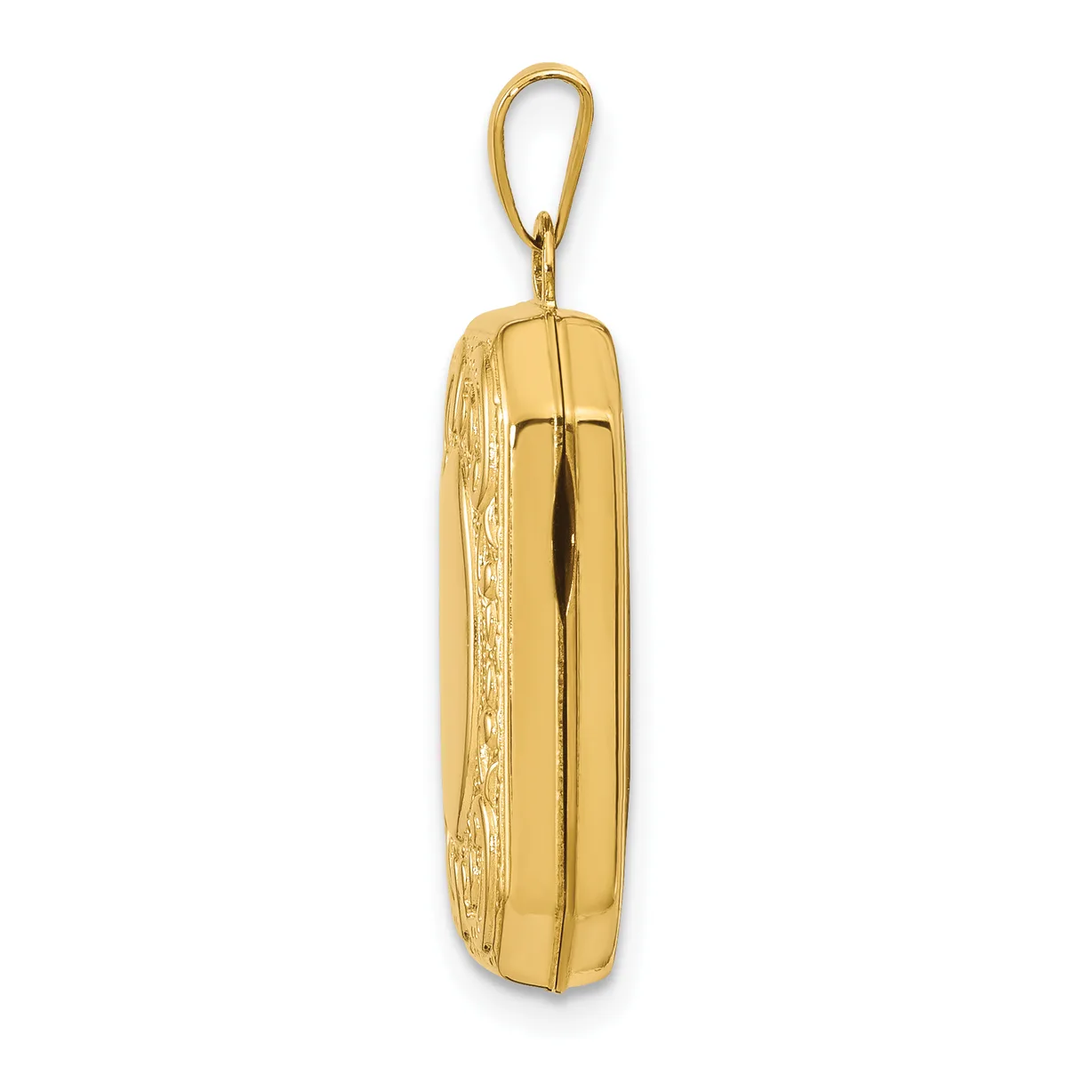 A polished gold rectangular pendant with decorative etched details on one side, suspended from a gold bail loop.