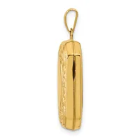 A polished gold rectangular pendant with decorative etched details on one side, suspended from a gold bail loop.