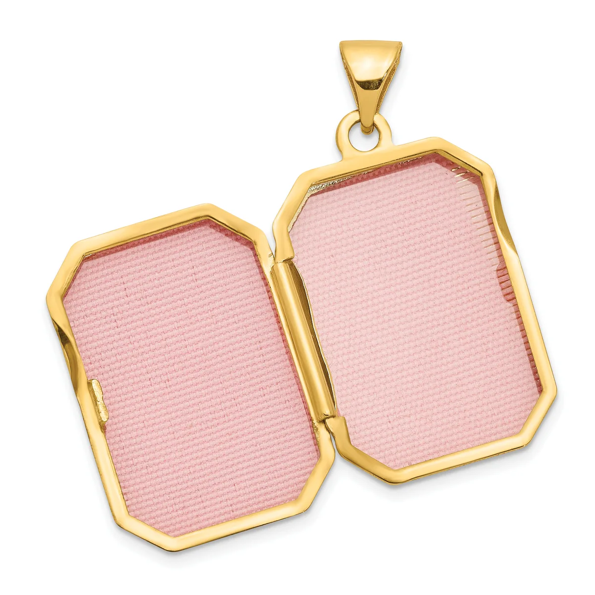 Gold-toned locket pendant with two hinged rectangular compartments featuring pink textured surfaces, shown open.