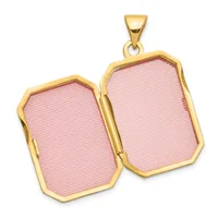 Gold-toned locket pendant with two hinged rectangular compartments featuring pink textured surfaces, shown open.