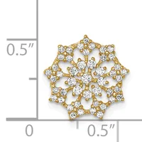 A gold snowflake-shaped pendant with diamond accents shown against a measurement scale indicating it is approximately 0.5 inches wide.