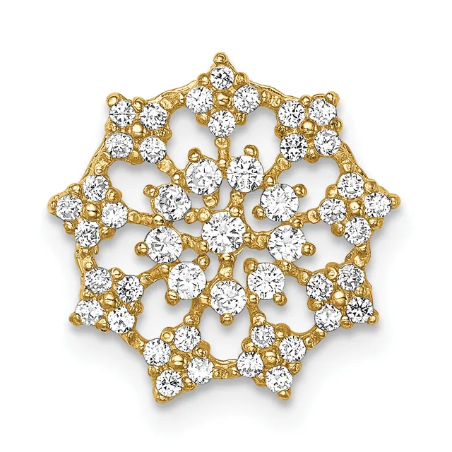 Gold snowflake pendant with round white cubic zirconia stones set throughout in a symmetrical six-pointed star design with open spaces between the stone clusters.