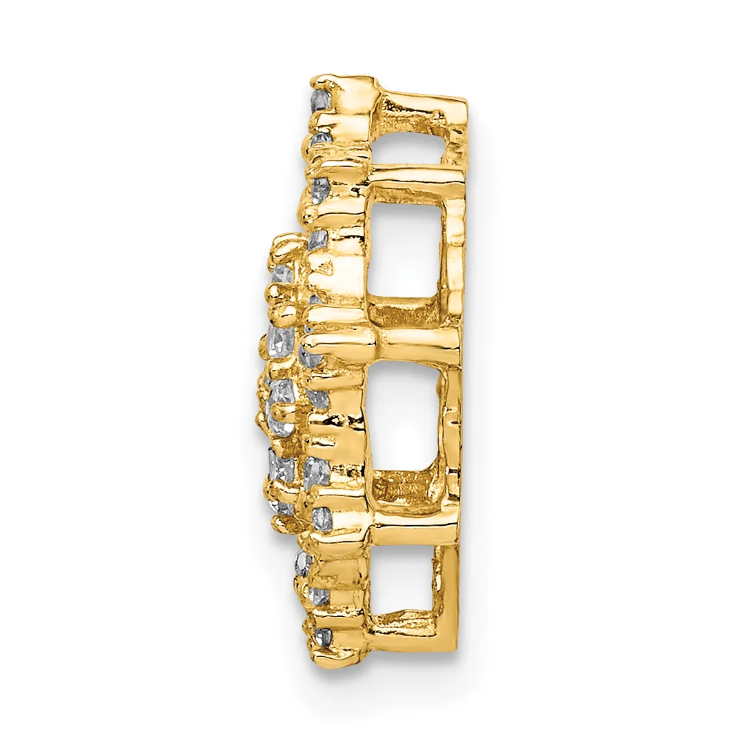 Gold-toned metal bracelet with rectangular open links alternating with sections set with small clear cubic zirconia stones, shown from the side.