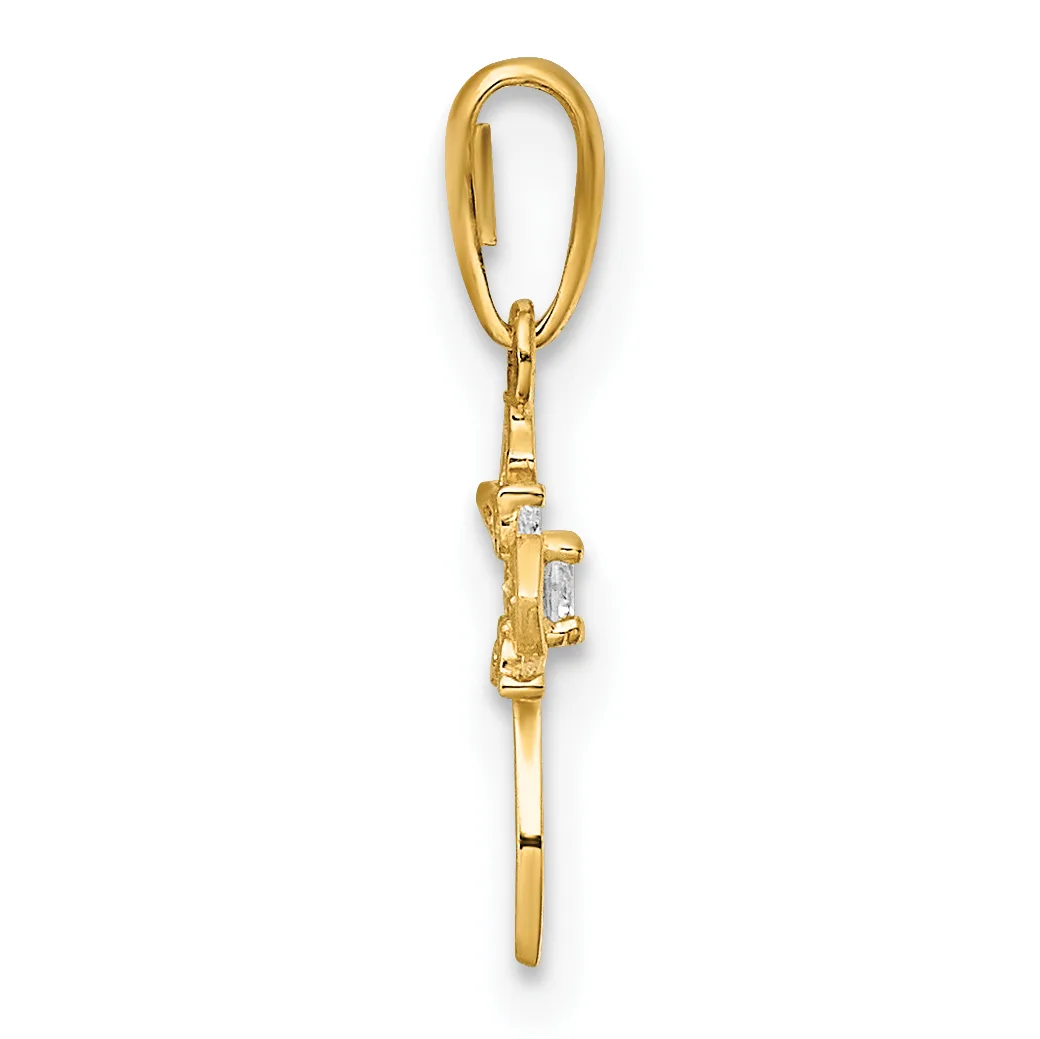 A gold pendant charm featuring a small rectangular gemstone setting, suspended from an oval bail loop.