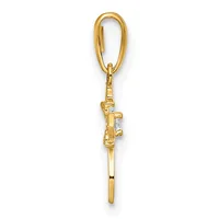 A gold pendant charm featuring a small rectangular gemstone setting, suspended from an oval bail loop.