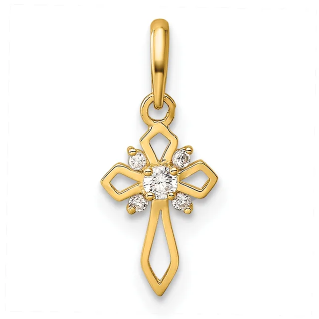 A gold cross pendant with a center round diamond surrounded by smaller diamonds, featuring curved cutout sections on the arms and a looped bail at the top.