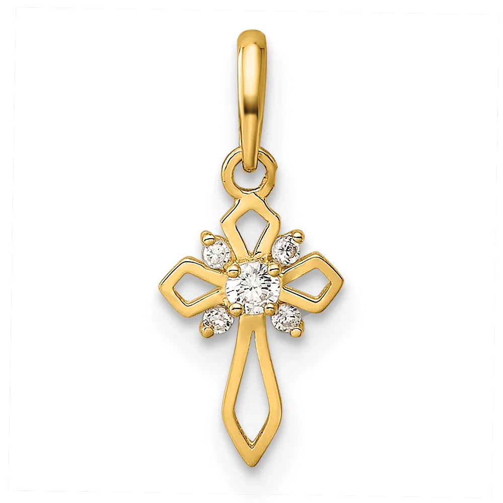 A gold cross pendant with a center round diamond surrounded by smaller diamonds, featuring curved cutout sections on the arms and a looped bail at the top.