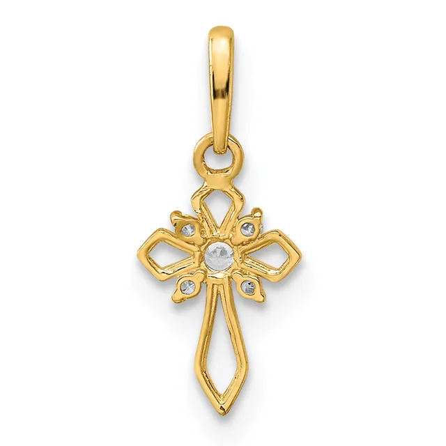 Gold cross pendant with decorative bow-shaped tops on each arm and a small round white stone in the center, suspended from a gold bail.