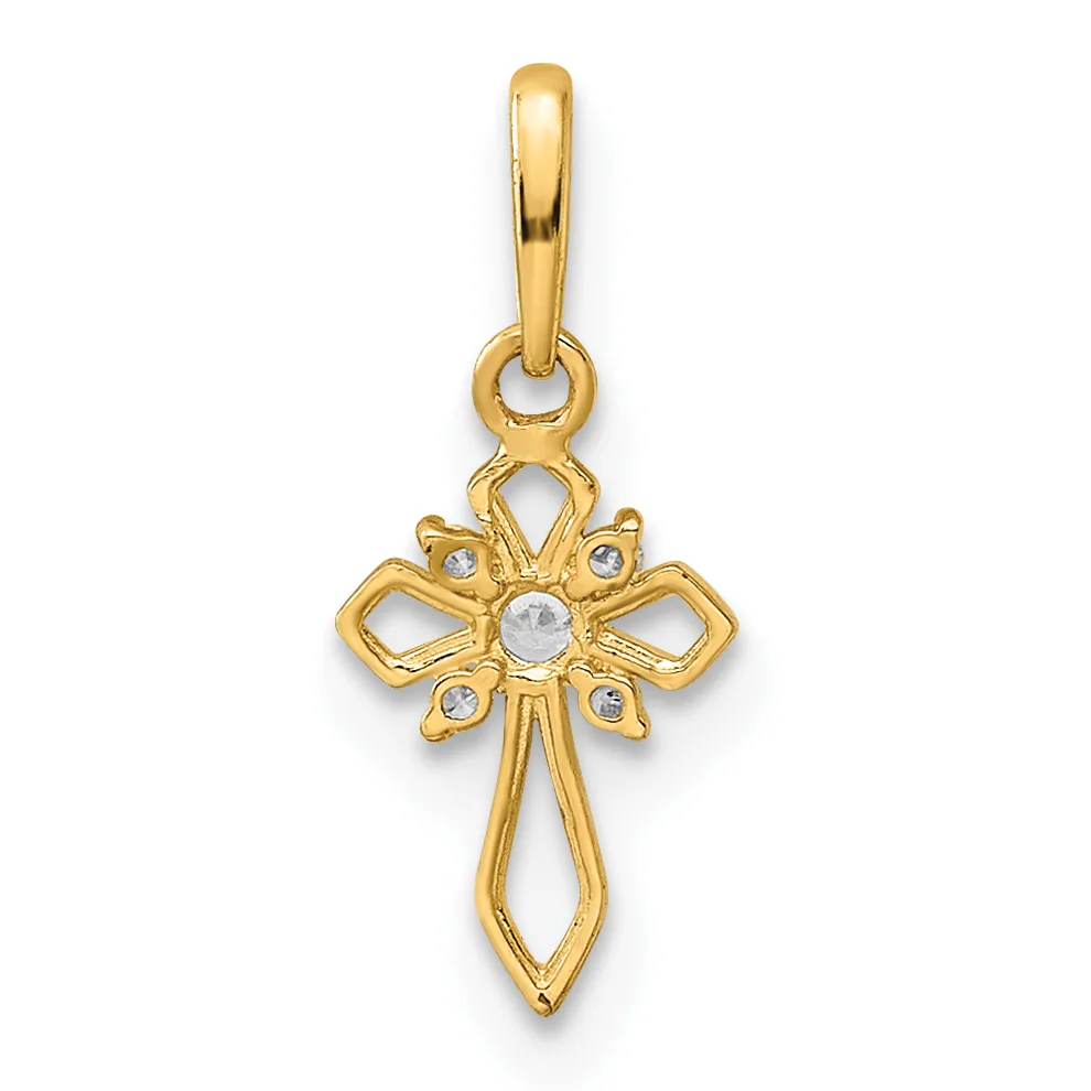 Gold cross pendant with decorative bow-shaped tops on each arm and a small round white stone in the center, suspended from a gold bail.