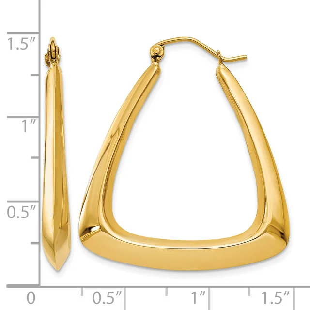 Polished gold-toned trapezoid hoop earrings displayed next to a measurement scale, shown from front and side views.