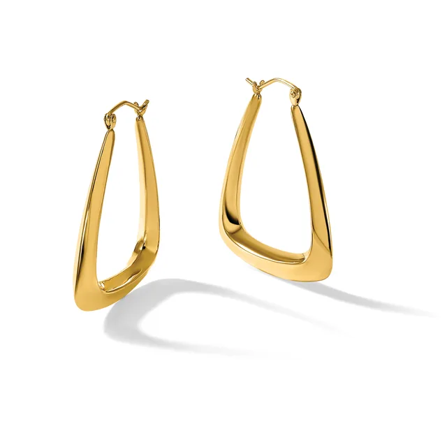 A pair of polished gold-toned rectangular hoop earrings with rounded corners displayed against a white background.