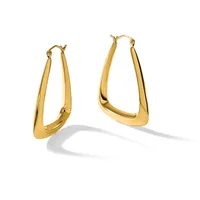 A pair of polished gold-toned rectangular hoop earrings with rounded corners displayed against a white background.