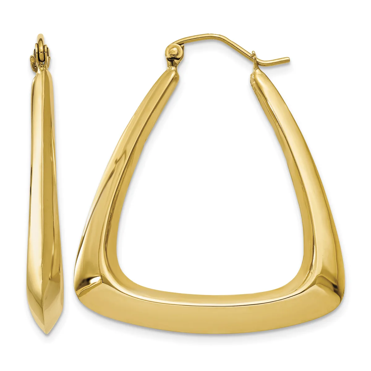 Pair of polished gold-toned trapezoidal hoop earrings shown from front and side views with hinged posts.