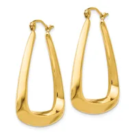 A pair of polished gold teardrop-shaped hoop earrings with hinged closures, shown against a white background.