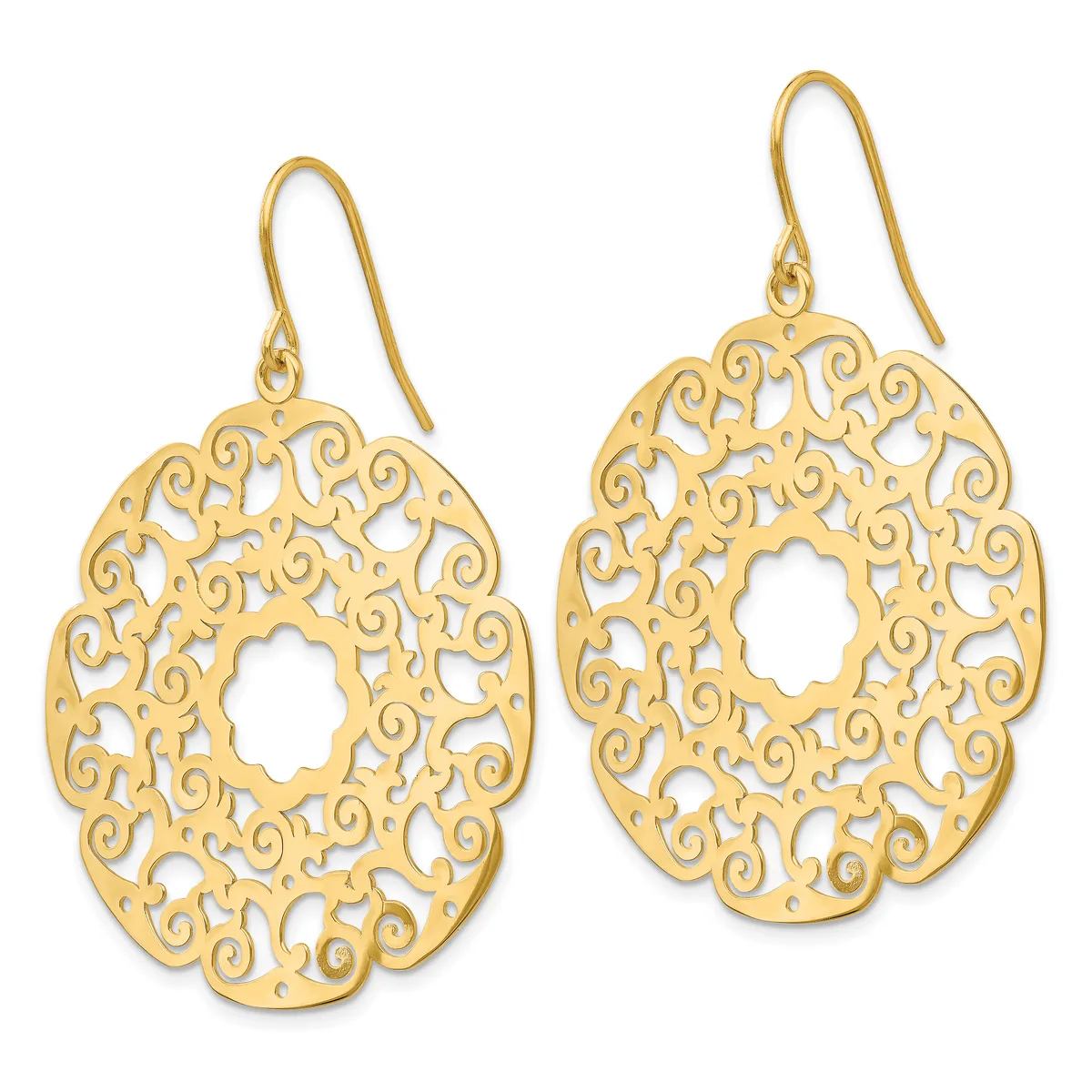 A pair of gold filigree oval dangle earrings with ornate scrollwork cutouts and central open ovals, suspended from gold ear wires.