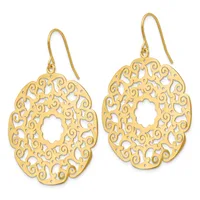 A pair of gold filigree oval dangle earrings with ornate scrollwork cutouts and central open ovals, suspended from gold ear wires.