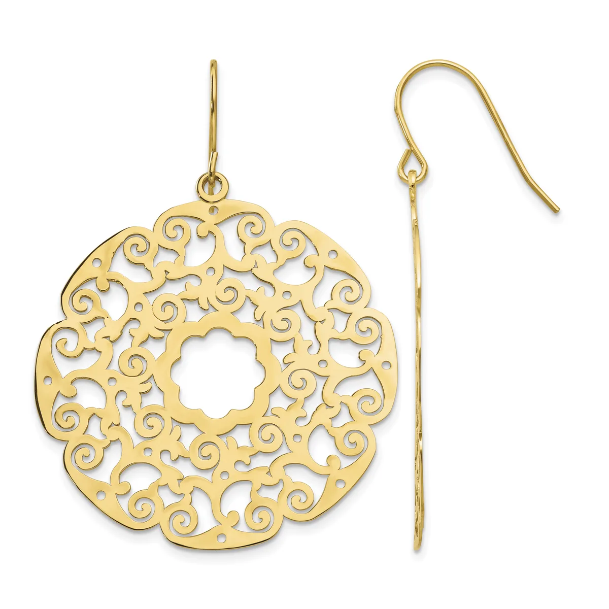 A pair of gold filigree earrings with an ornate circular pendant featuring scrollwork cutouts and a central circular opening, shown from front and side views with fish hook ear wires.