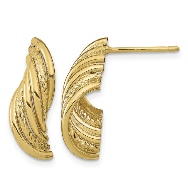 Pair of gold curved hoop earrings with textured striped pattern and polished finish, shown from front and back views.