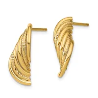 Pair of gold curved hoop earrings with textured and polished bands, displayed against a white background.