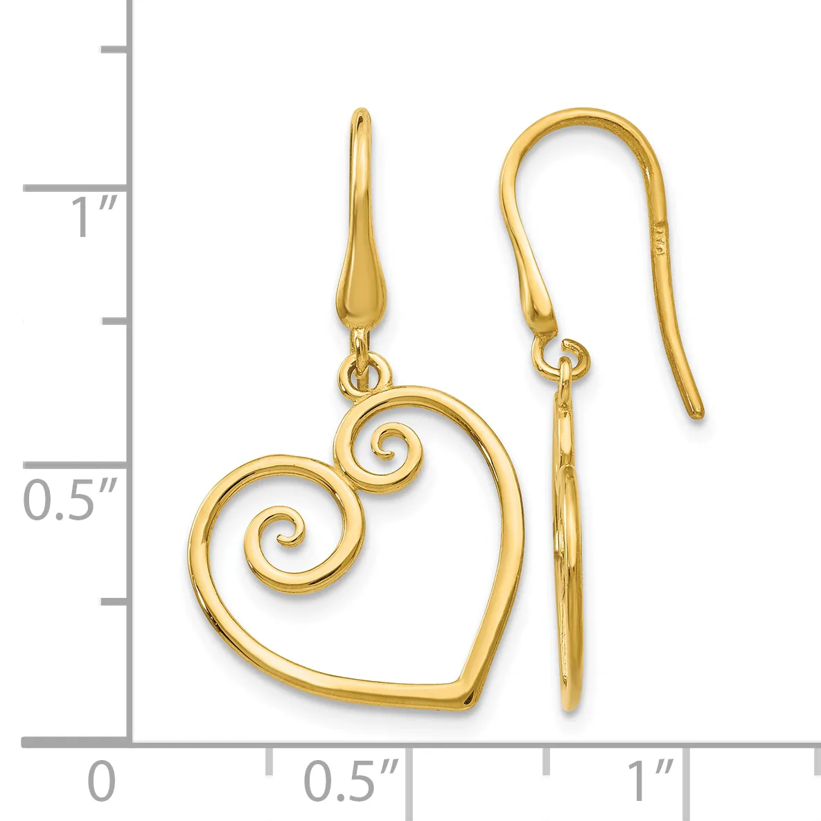 Pair of gold-toned heart-shaped dangle earrings with spiral details, shown next to a measurement scale indicating approximately one inch in length.