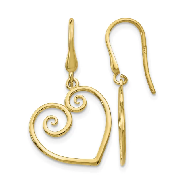 Pair of gold heart-shaped earrings with spiral decorative elements and French wire hooks.