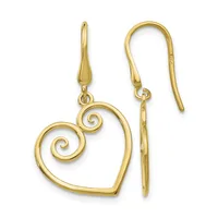 Pair of gold heart-shaped earrings with spiral decorative elements and French wire hooks.