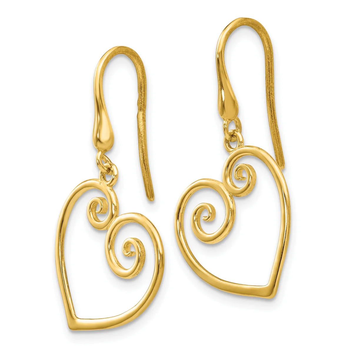 Pair of gold-colored drop earrings with heart-shaped outlines and spiral details, suspended from hook-style ear wires.