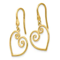 Pair of gold-colored drop earrings with heart-shaped outlines and spiral details, suspended from hook-style ear wires.
