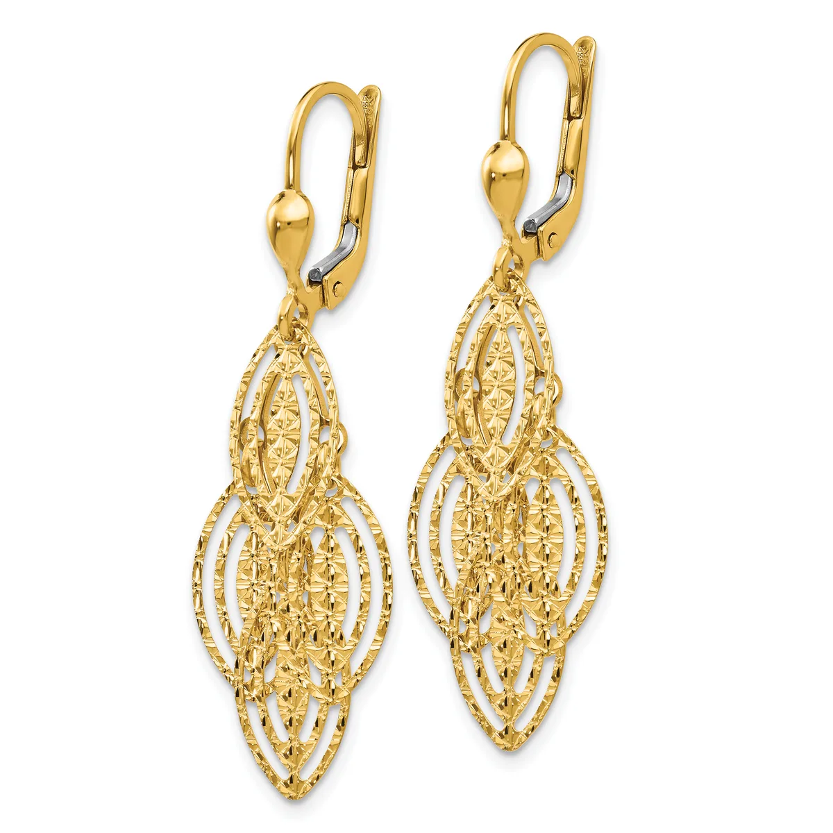 Pair of gold filigree drop earrings with lever-back closures featuring nested oval and teardrop-shaped openwork designs.