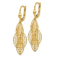 Pair of gold filigree drop earrings with lever-back closures featuring nested oval and teardrop-shaped openwork designs.