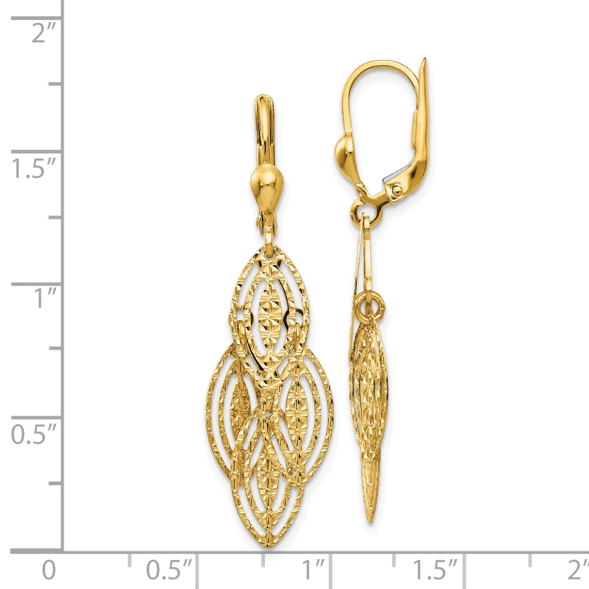 Pair of gold filigree dangle earrings with leverback closures, featuring elongated oval openwork designs, displayed next to a ruler showing approximately 1.5 inches in length.