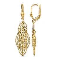 Pair of gold-toned filigree drop earrings with lever-back closures, featuring elongated oval designs with intricate openwork patterns throughout.