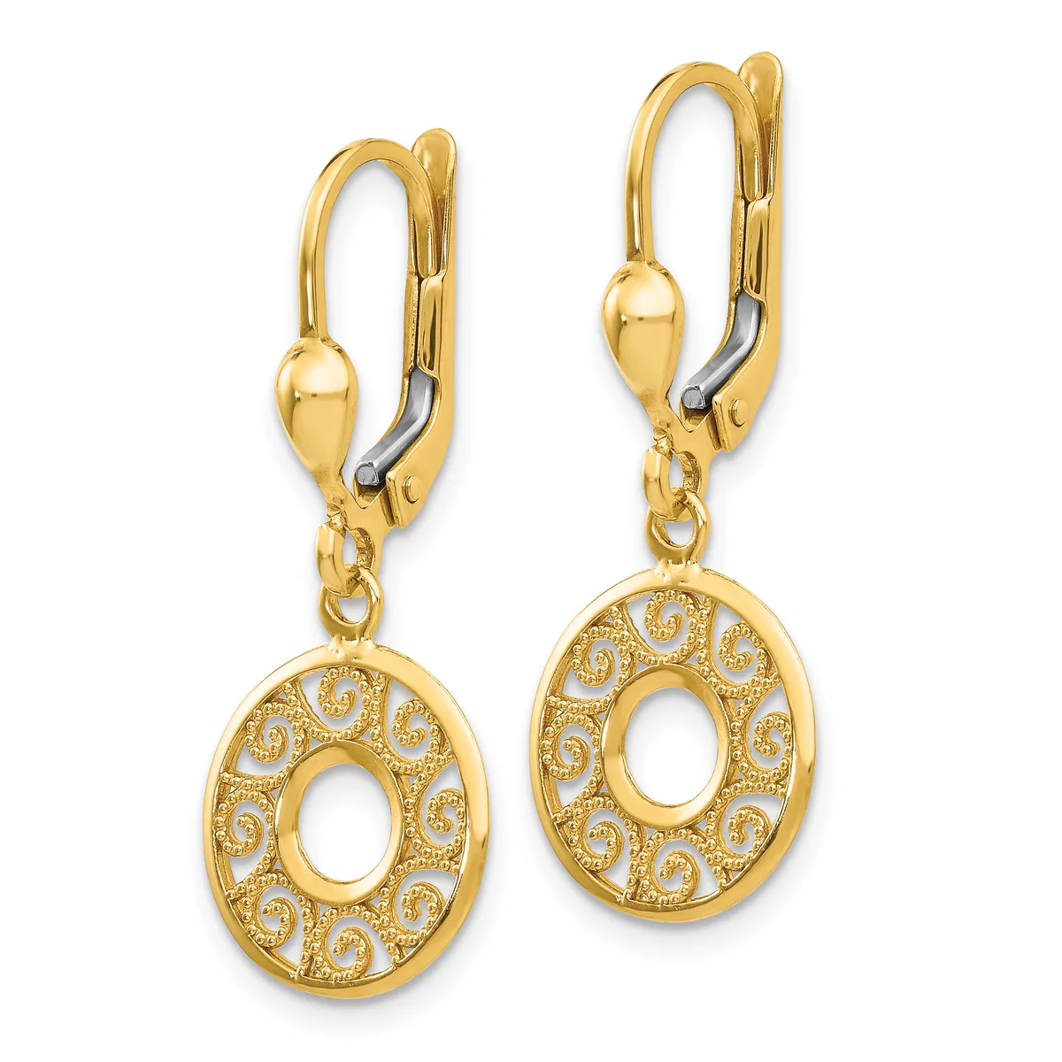A pair of gold-toned lever-back earrings with oval pendants featuring open centers surrounded by small circular diamond or crystal accents.