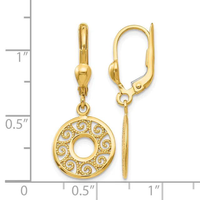 Gold lever-back earrings with circular filigree pendants featuring spiral designs and open centers, displayed next to a measurement ruler.