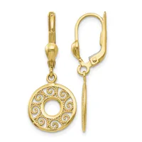Pair of gold leverback earrings with circular filigree pendants featuring spiral patterns and diamond accents, shown from front and side views.