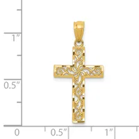 Gold cross pendant with ornate scrollwork filigree pattern shown next to a measurement scale indicating approximately one inch in height.