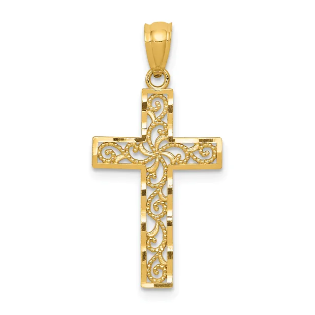 A gold cross pendant with ornate scrollwork filigree design throughout, shown hanging from a bail against a white background.