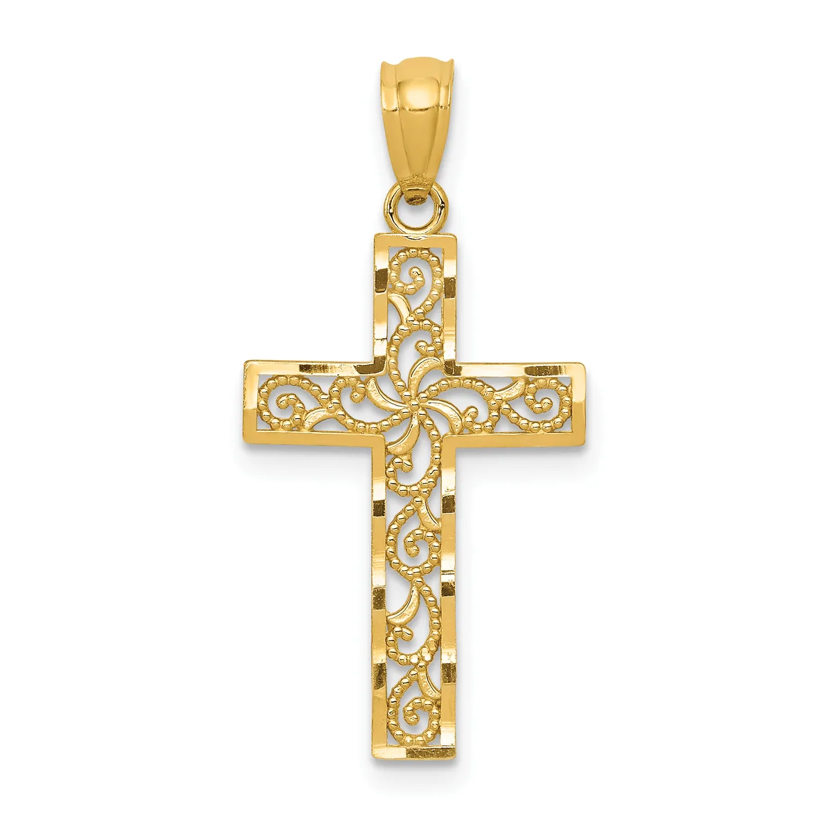 A gold cross pendant with ornate scrollwork filigree design throughout, shown hanging from a bail against a white background.