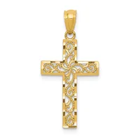 A gold cross pendant with ornate scrollwork filigree design throughout, shown hanging from a bail against a white background.