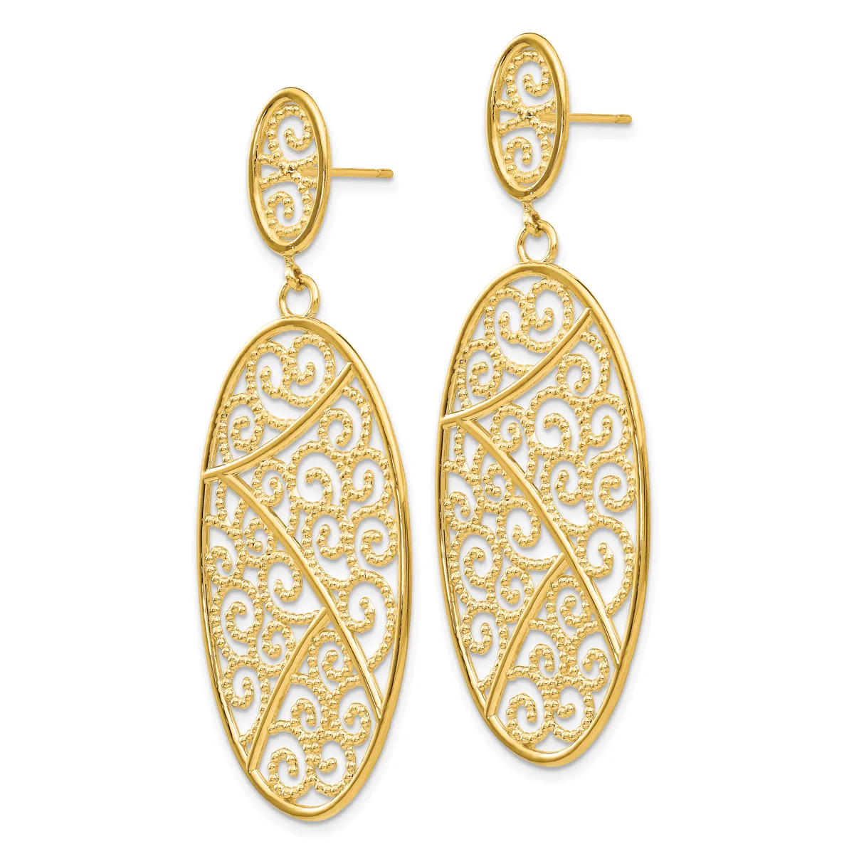 Pair of gold-toned dangle earrings with oval filigree designs and diagonal leaf-like patterns, displayed against a white background.