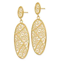 Pair of gold-toned dangle earrings with oval filigree designs and diagonal leaf-like patterns, displayed against a white background.