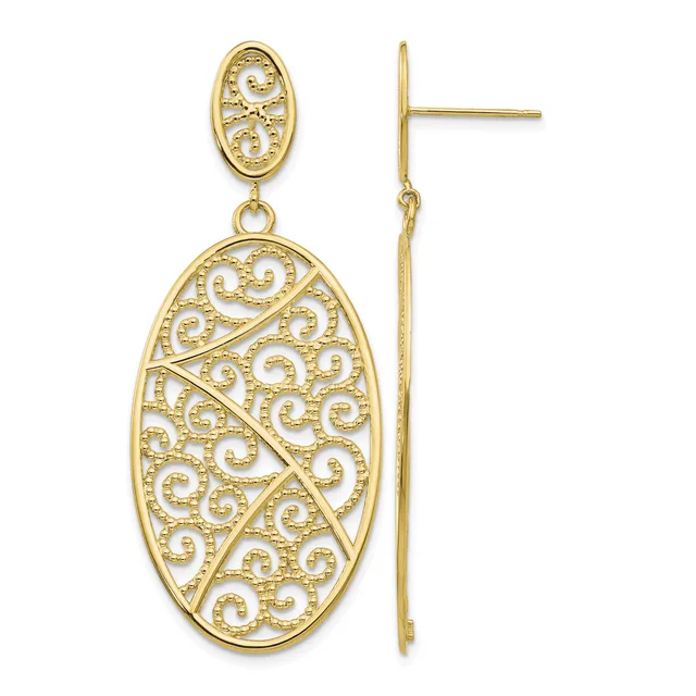 Pair of gold filigree dangle earrings with small oval tops and larger oval pendants featuring scrollwork patterns, shown from front and side views.