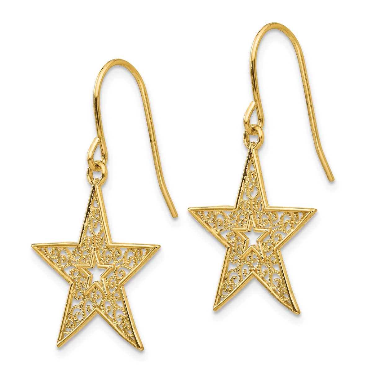 A pair of gold-toned star earrings with textured surfaces and small cutout stars in the center, suspended from curved wire hooks.