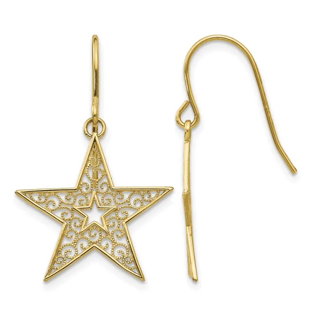 Pair of gold star dangle earrings with filigree detailing and French wire hooks, shown from front and side views.