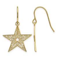 Pair of gold star dangle earrings with filigree detailing and French wire hooks, shown from front and side views.